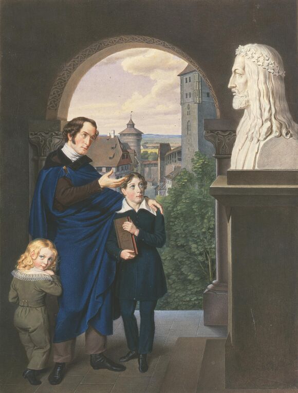Der Künstler mit seinen Söhnen vor der Büste Albrecht Dürers