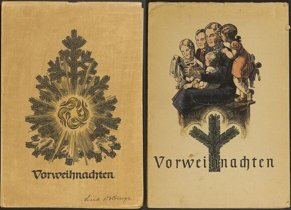 Diese beiden Kalender mit dem Titel "Vorweihnachten" zeigen den Einfluss, den die Nationalsozialisten auf das Fest nehmen wollten. V. li.: 1942, 1943 (Berliner Ausgabe).