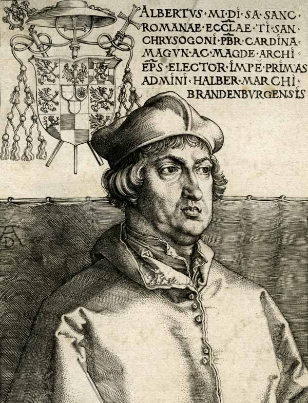 Albrecht Dürer: Kardinal Albrecht von Brandenburg, 1519, Kupferstich. Bildnachweis: Grafische Sammlung Nürnberg, Sammlung Karl Diehl