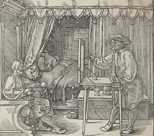 Albrecht Dürer: Der Zeichner des sitzenden Mannes, 1525. Bildnachweis: Albrecht-Dürer-Haus-Stiftung e.V.