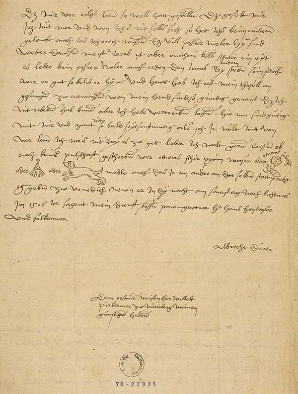 Albrecht Dürer: Brief aus Venedig an Willibald Pirckheimer, 1506. Bildnachweis: Stadtbibliothek Nürnberg