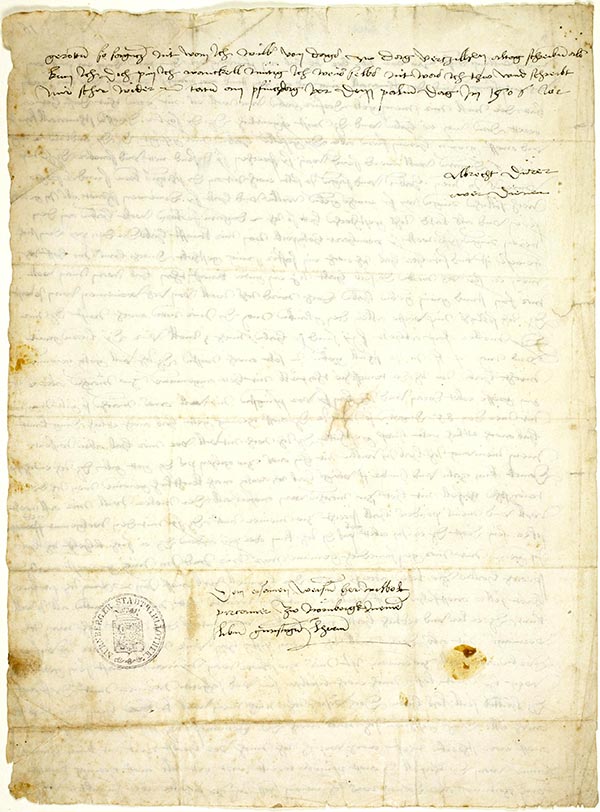 Brief von Albrecht Dürer an Willibald Pirckheimer, 2. April 1506, verso. Bildnachweis: Stadtbibliothek Nürnberg, Signatur PP 394,4