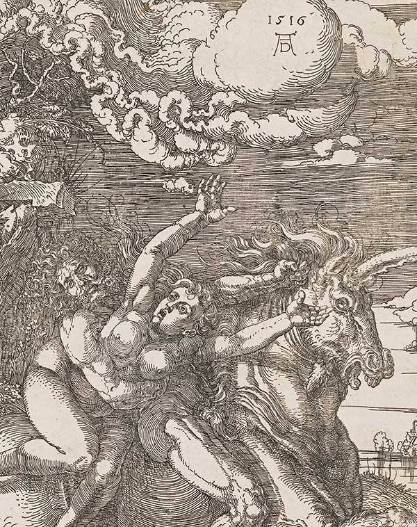 Albrecht Dürer: Die Entführung auf dem Einhorn (Der Raub der Proserpina), 1516, Eisenradierung. Bildnachweis: Germanisches Nationalmuseum, Nürnberg