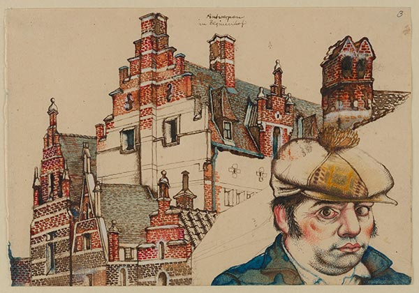 Michael Mathias Prechtl: Antwerpen, im Beguinenhof (mit Selbstporträt), 1970/71, Bleistift- und Federzeichnung mit Aquarell und Deckfarben, Grafische Sammlung der Stadt Nürnberg; © Prechtl Rechtsnachfolge