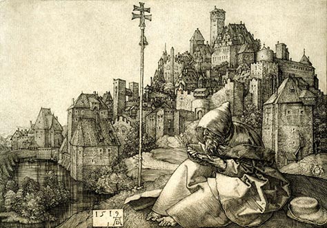 Albrecht Dürer: Der heilige Antonius vor der Stadt, 1519, Kupferstich. Bildnachweis: Museen der Stadt Nürnberg, Kunstsammlungen