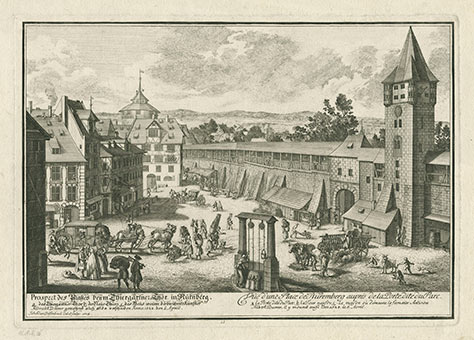 Johann Adam Delsenbach: Prospect des Platzes beym Thiergärtner Thor in Nürnberg. Kupferstich, 1724. Bildnachweis: Museen der Stadt Nürnberg, Kunstsammlungen