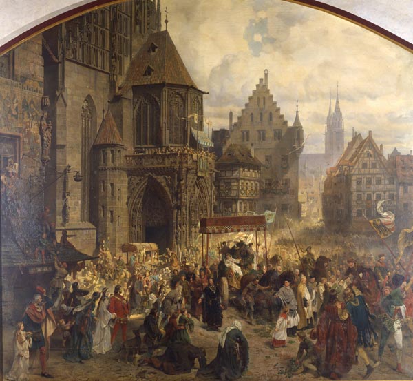 Paul Ritter d.Ä.: Nürnbergs Abgesandte bringen die der Reichsstadt vom Kaiser und Reich zur ewigen Aufbewahrung anvertrauten Reichskleinodien am 22.3.1424 in feierlichem Aufzug in die Stadt, 1881-1883. Bildnachweis: Museen der Stadt Nürnberg, Kunstsammlungen