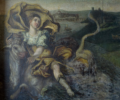 Der Raub der Europa durch Jupiter in Gestalt eines Stieres. Ausschnitt aus dem Deckengemälde im Tanzsaal des Fembo-Hauses.