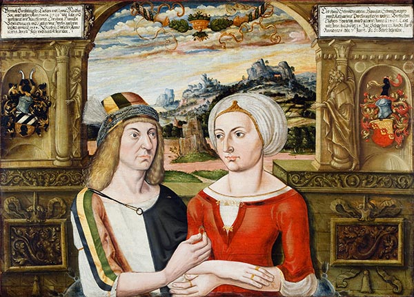 Berthold V. Tucher reicht seiner Gemahlin Christina den Hochzeitsring. Gemälde eines unbekannten Künstlers, um 1550. Leihgabe der Tucher'schen Kulturstiftung im Museum Tucherschloss und Hirsvogelsaal. Foto: Uwe Niklas